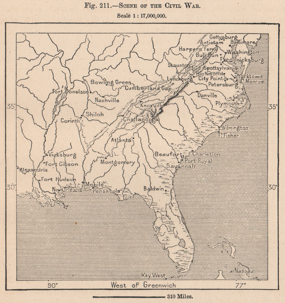 Scene of the Civil war. USA. United States 1885 old antique map plan chart